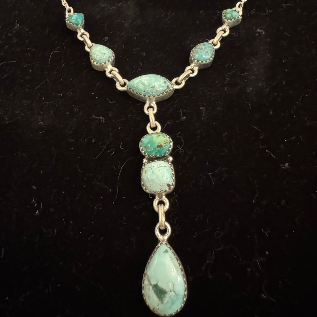Genuine Native White Water & Emerald Valley Turquoise Drop Pendant, Sterling 925